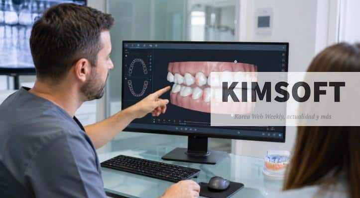  Odontólogo mostrando la planificación 3D de una ortodoncia y la oclusión en pantalla