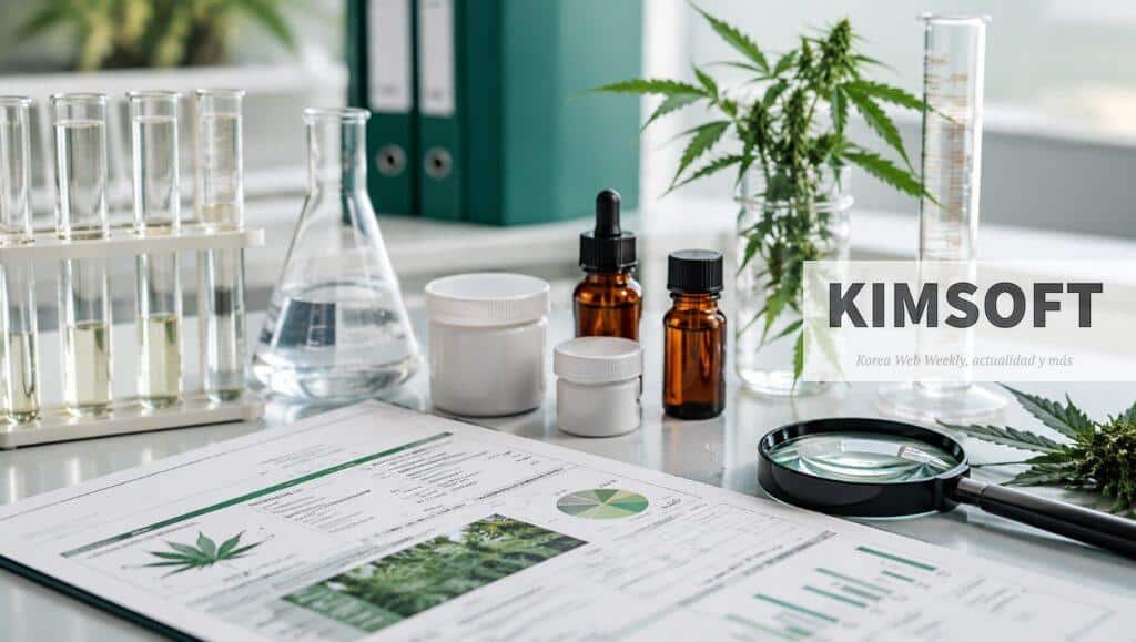 Certificado de análisis de CBD junto a productos de cáñamo