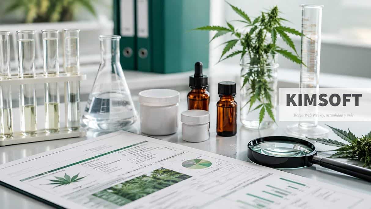 Certificado de análisis de CBD junto a productos de cáñamo